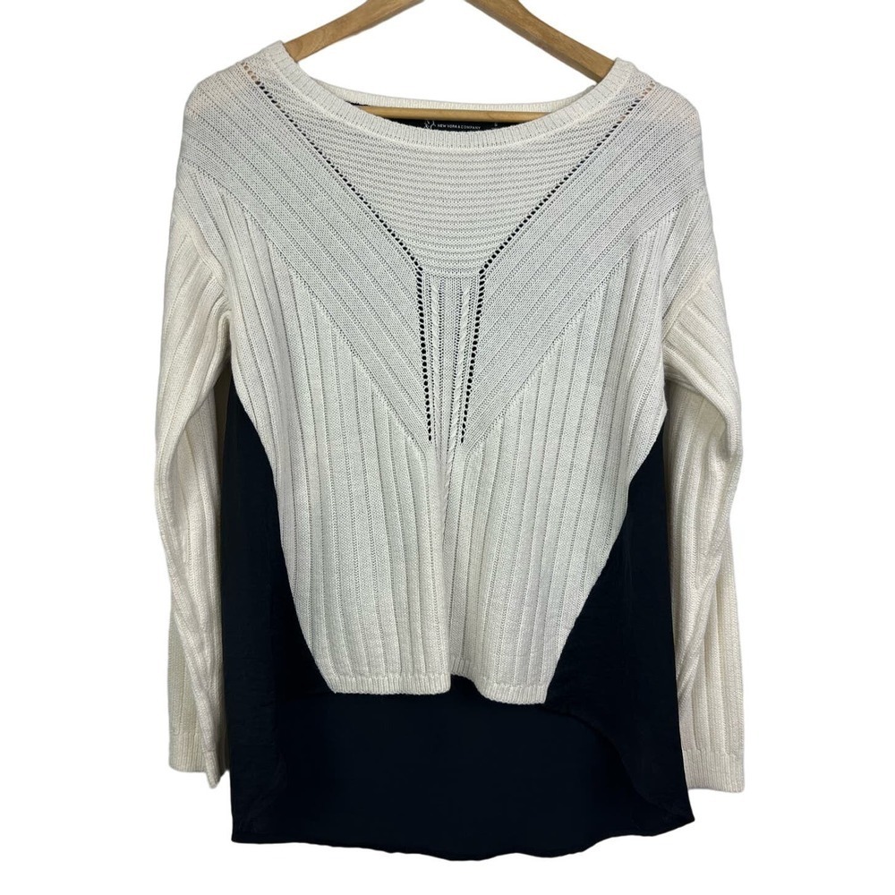 NY&C Color-Block Mixed Ribbed/Knit High Low Scoop Neck Sweater Small